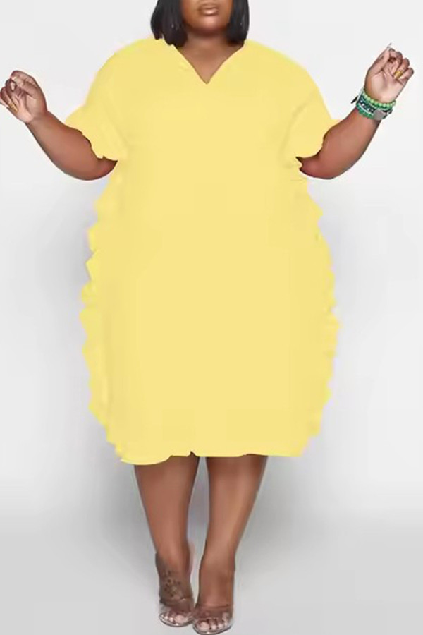 Lemon Yellow Casual Solid Color Patchwork Ruffled Trim V Neck Long Dresses