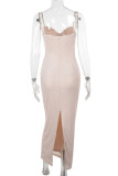 Skin Color Elegant Solid Color Patchwork Backless Spaghetti Strap Sling Dresses