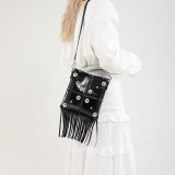 Black Daily Solid Color Fringed Trim Rivets Bags