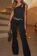 Black Casual Solid Color Hollow Out Patchwork Backless Oblique Collar Two Pieces
