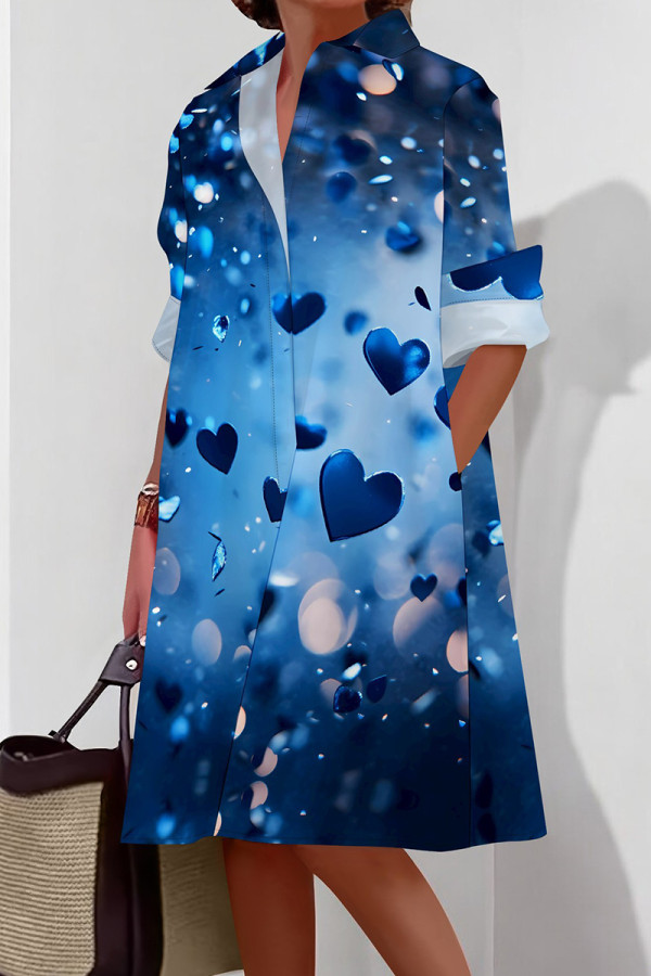 Dark Blue Casual Print Buckle Patchwork Shirt Collar Shirt Dresses