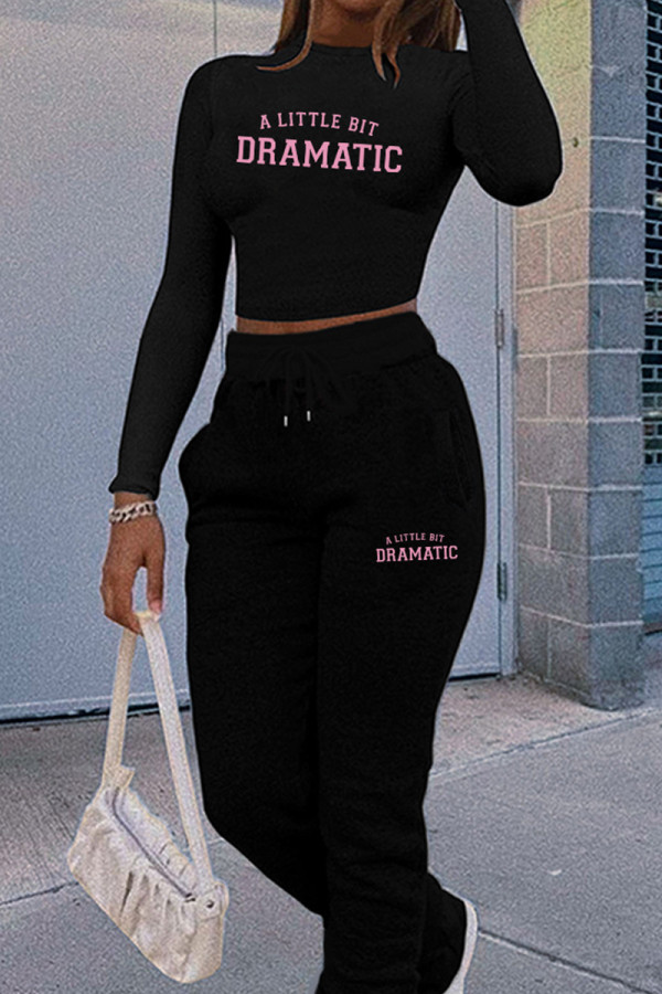 Black Casual Letters Draw String Patchwork O Neck Long Sleeve Two Pieces