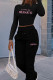 Black Casual Letters Draw String Patchwork O Neck Long Sleeve Two Pieces