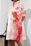 White Red Casual Print Buckle Patchwork Shirt Collar Shirt Dresses