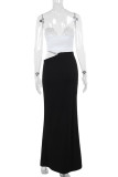 Black And White Elegant Hollow Out Patchwork Contrast Strapless Long Dresses