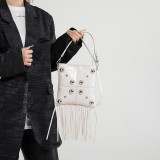 Black Daily Solid Color Fringed Trim Rivets Bags