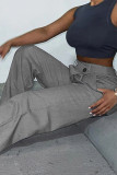 Grey Casual Solid Color Pocket Buttons Patchwork Zipper Loose Mid Waist Conventional Patchwork Bottoms