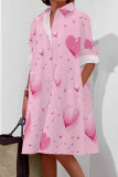 Pink Casual Print Pocket Buckle Patchwork Shirt Collar Shirt Dresses
