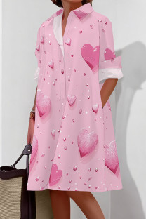 Pink Casual Print Pocket Buckle Patchwork Shirt Collar Shirt Dresses