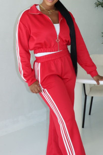 Red Casual Patchwork Zipper Contrast Zipper Collar Long Sleeve Two Pieces