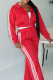 Red Casual Patchwork Zipper Contrast Zipper Collar Long Sleeve Two Pieces