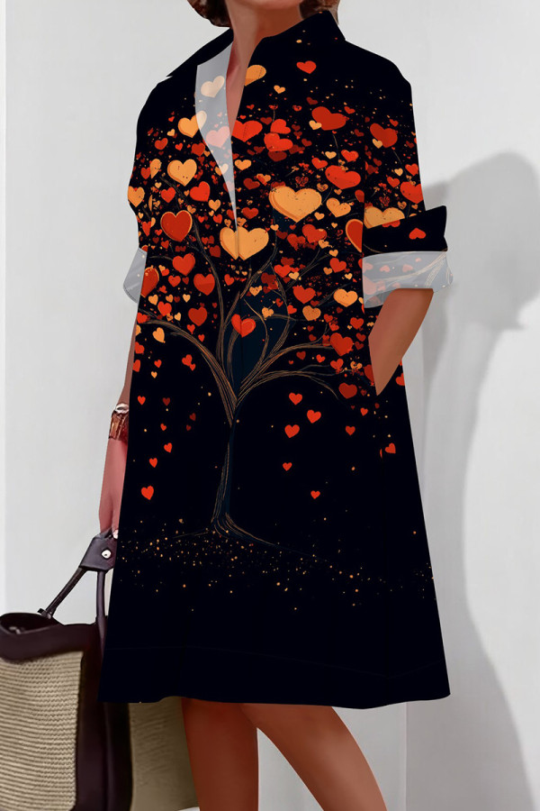 Black Red Casual Print Buckle Patchwork Shirt Collar Shirt Dresses