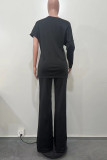 Red Casual Solid Color Patchwork Oblique Collar Long Sleeve Two Pieces