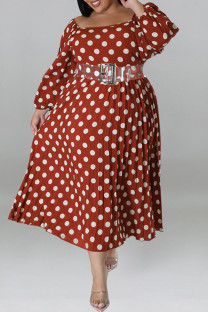 Dark Brown Casual Polka Dot Patchwork Backless With Belt Square Neck Long Plus Size Dresses