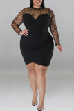 Black Casual Polka Dot Patchwork See-Through Zipper O Neck Wrapped Skirt Plus Size Dresses