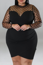 Black Casual Polka Dot Patchwork See-Through Zipper O Neck Wrapped Skirt Plus Size Dresses