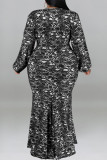 Black Casual Print Patchwork V Neck Long Plus Size Dresses