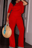 Red Casual Solid Color Patchwork Oblique Collar Long Sleeve Two Pieces