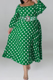 Blue Casual Polka Dot Patchwork Backless With Belt Square Neck Long Plus Size Dresses