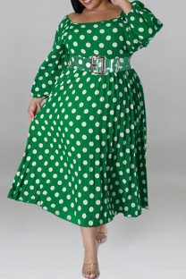 Green Casual Polka Dot Patchwork Backless With Belt Square Neck Long Plus Size Dresses