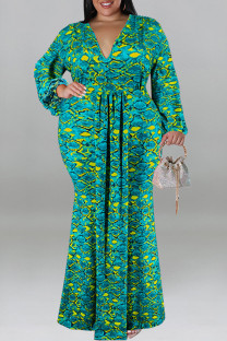 Green Casual Print Patchwork V Neck Long Plus Size Dresses
