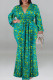 Green Casual Print Patchwork V Neck Long Plus Size Dresses