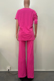 Red Casual Solid Color Patchwork Oblique Collar Long Sleeve Two Pieces