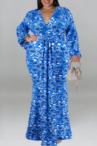 Blue Casual Print Patchwork V Neck Long Plus Size Dresses