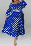 Blue Casual Polka Dot Patchwork Backless With Belt Square Neck Long Plus Size Dresses