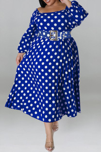 Blue Casual Polka Dot Patchwork Backless With Belt Square Neck Long Plus Size Dresses