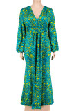 Black Casual Print Patchwork V Neck Long Plus Size Dresses