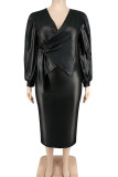 Black Casual Solid Color Patchwork Strap Design V Neck Plus Size Two Pieces