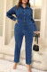 Deep Blue Casual Solid Color Pocket Buckle Patchwork Turndown Collar Plus Size Jumpsuits