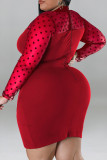 Black Casual Polka Dot Patchwork See-Through Zipper O Neck Wrapped Skirt Plus Size Dresses