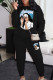 Black Casual Print Pocket Patchwork O Neck Long Sleeve Two Pieces