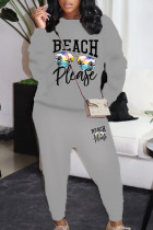 Grey Casual Print Pocket Patchwork O Neck Long Sleeve Two Pieces