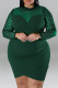 Green Casual Polka Dot Patchwork See-Through Zipper O Neck Wrapped Skirt Plus Size Dresses