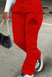 Red Casual Letters Draw String Pocket Patchwork Regular Mid Waist Conventional Positioning Print Bottoms
