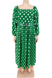 Blue Casual Polka Dot Patchwork Backless With Belt Square Neck Long Plus Size Dresses