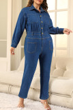 Deep Blue Casual Solid Color Pocket Buckle Patchwork Turndown Collar Plus Size Jumpsuits