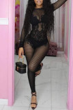 Black Sexy Solid Color Patchwork See-Through Mesh O Neck Skinny Jumpsuits