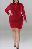 Black Casual Polka Dot Patchwork See-Through Zipper O Neck Wrapped Skirt Plus Size Dresses