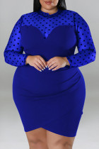 Blue Casual Polka Dot Patchwork See-Through Zipper O Neck Wrapped Skirt Plus Size Dresses