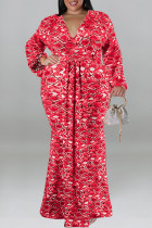 Red Casual Print Patchwork V Neck Long Plus Size Dresses