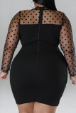 Black Casual Polka Dot Patchwork See-Through Zipper O Neck Wrapped Skirt Plus Size Dresses