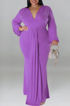 Purple Casual Solid Color Patchwork Ruched V Neck Long Plus Size Dresses