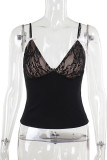 Black Sexy Solid Color Lace Patchwork Spaghetti Strap Tops
