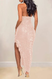 Red Elegant Solid Color Fringed Trim Sequins Patchwork V Neck Irregular Dresses