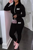Pink Casual Letters Pocket Patchwork Zipper Hooded Long Sleeve Two Pieces