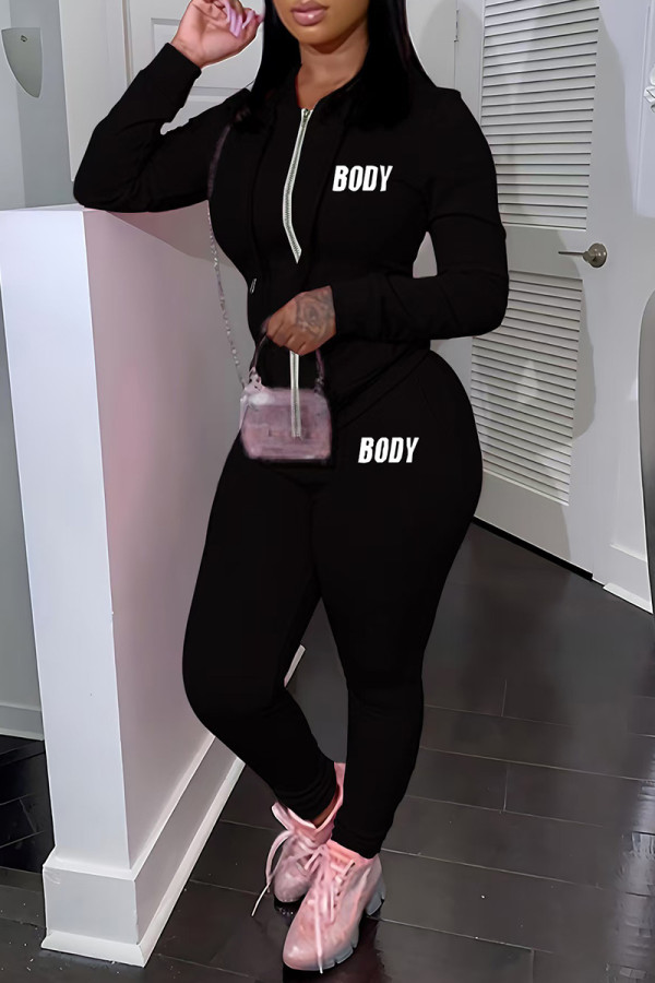 Black Casual Letters Pocket Patchwork Zipper Hooded Long Sleeve Two Pieces